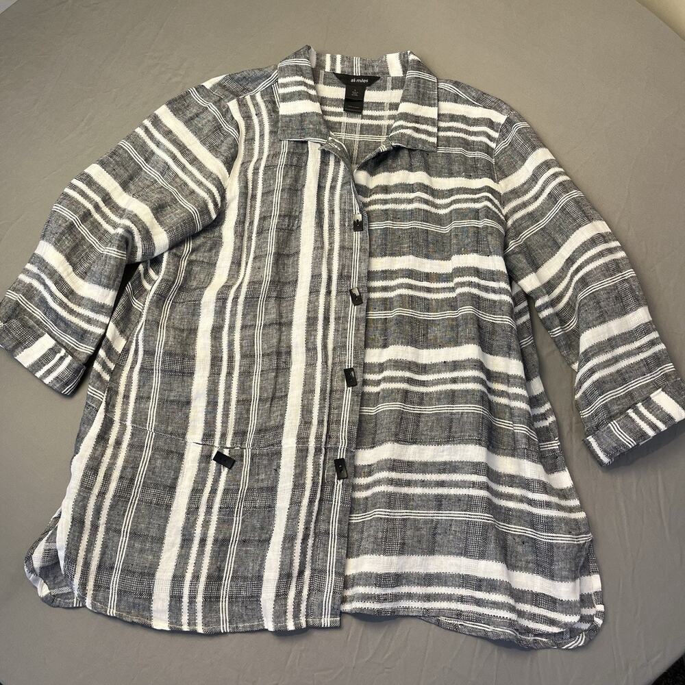 Ali Miles Top Large Striped Shirt Button 100% Linen Artsy Lagenlook V-Neck